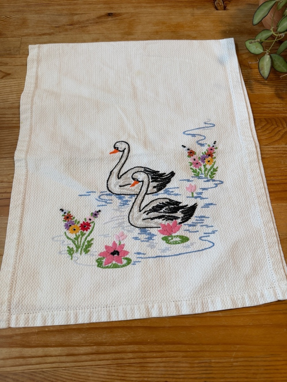 Vintage Embroidered Swan with Floral Motif Table Runner/Tea Towel